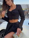 Grey Print V-Neck Crop Pleated Office Two Piece Set