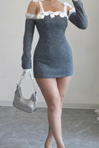 Grey Lace Trim Off Shoulder Sweater Dress