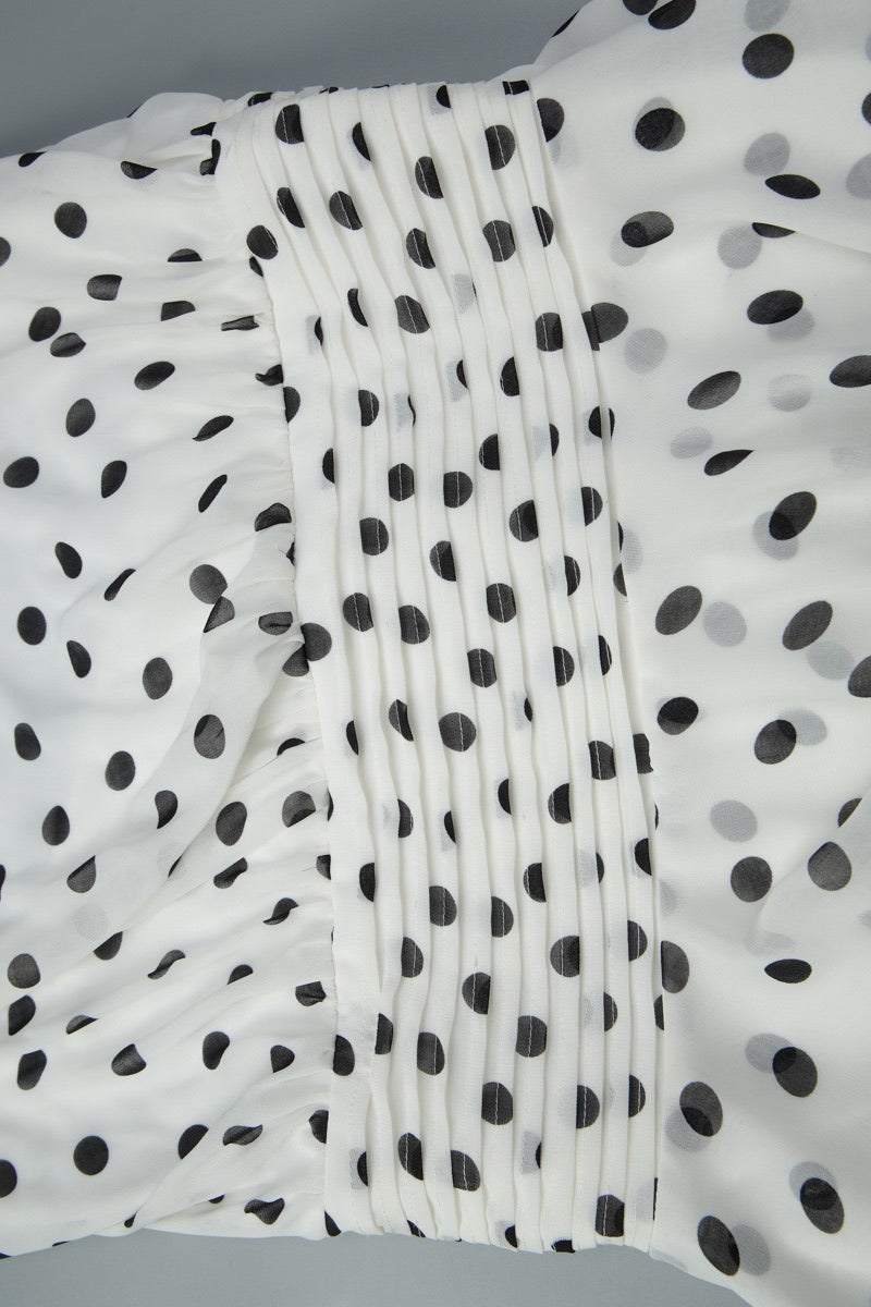 White Halter Mock Neck Shirred Waist Tiered Polka Dot Mini Dress