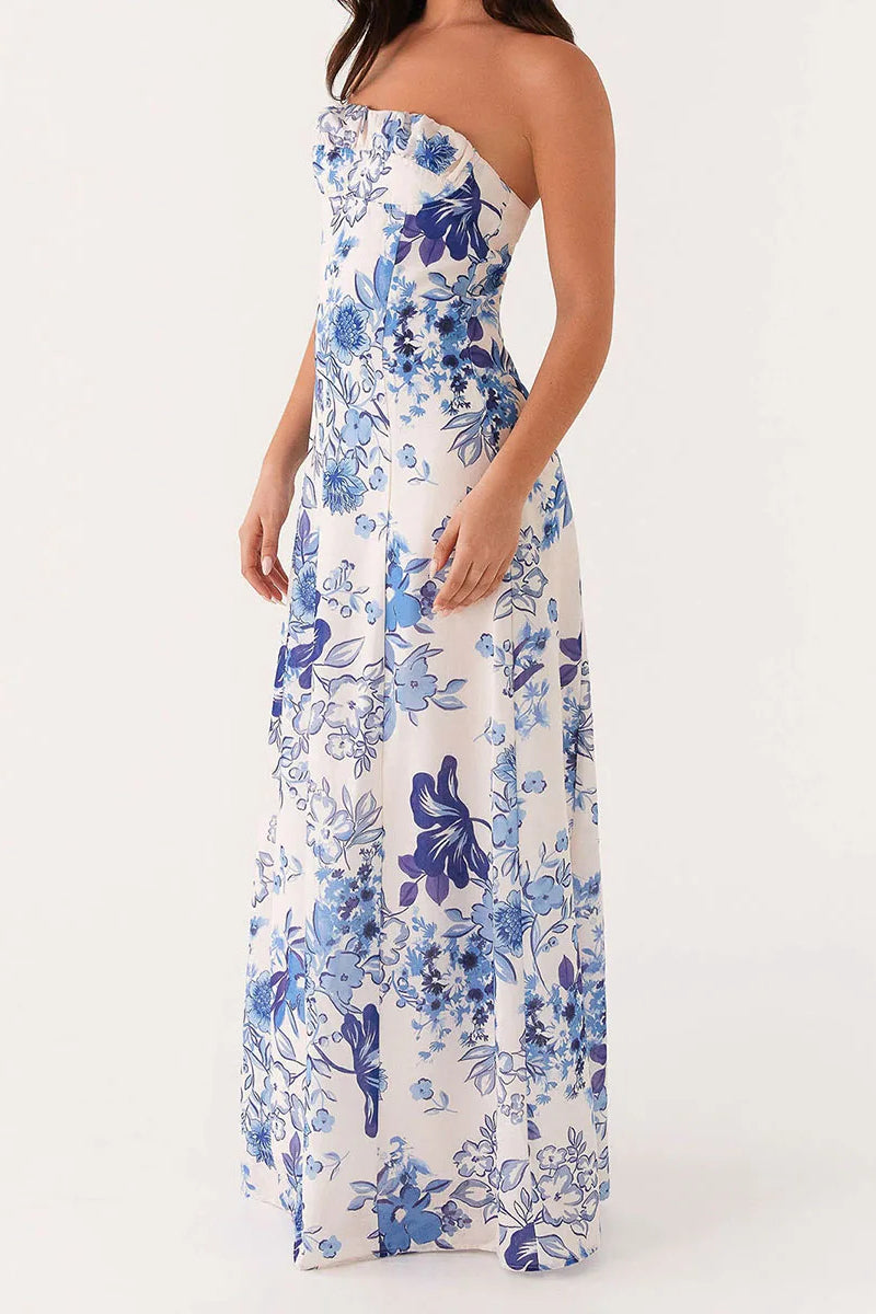 Floral Tile Print Strapless Ruffle Trim Bodycon Maxi Summer Dress