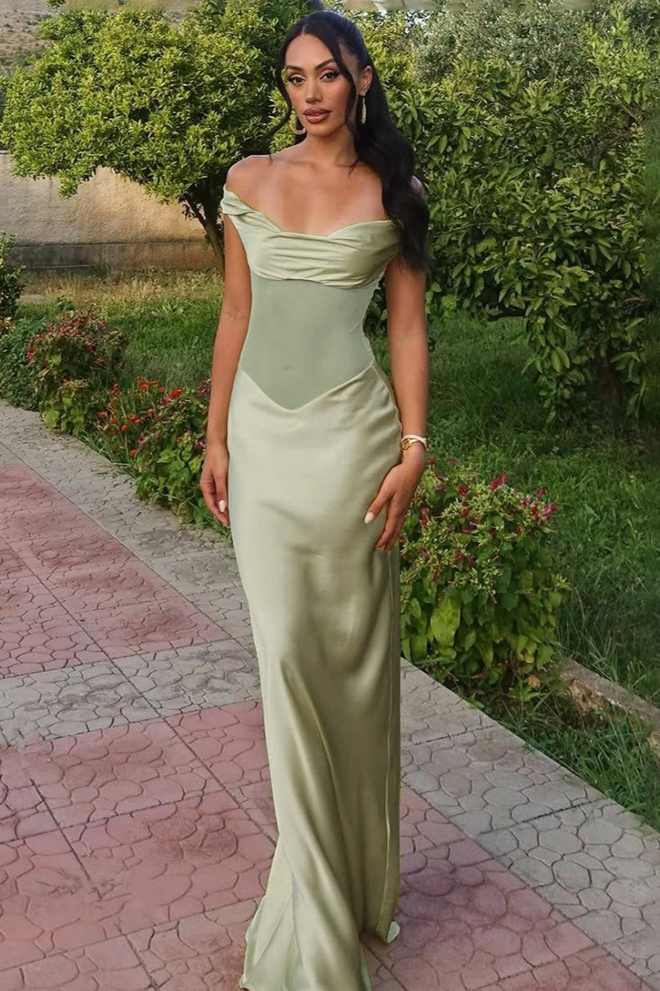Satin Off Shoulder Cowl Corset Mesh Panel Basque Waist Maxi Dress