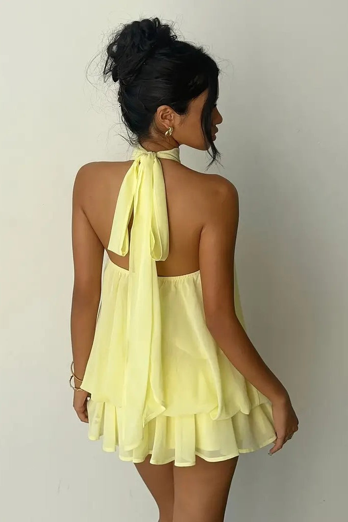 Backless Halter Tie Waist Ruffled Bodycon Mini Dress