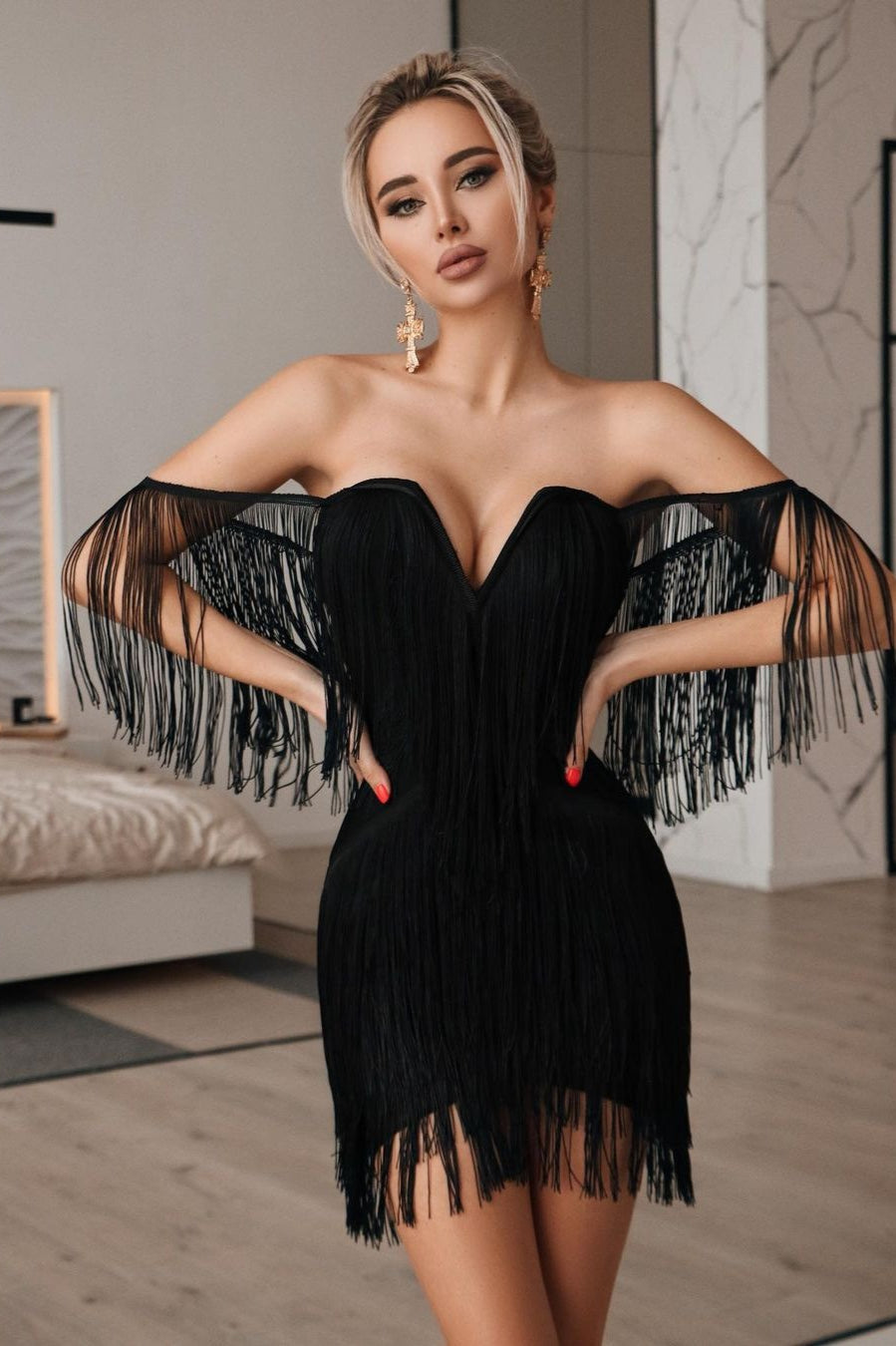 Fringe Off Shoulder Deep V-Neck Bodycon Mini Cocktail Dress