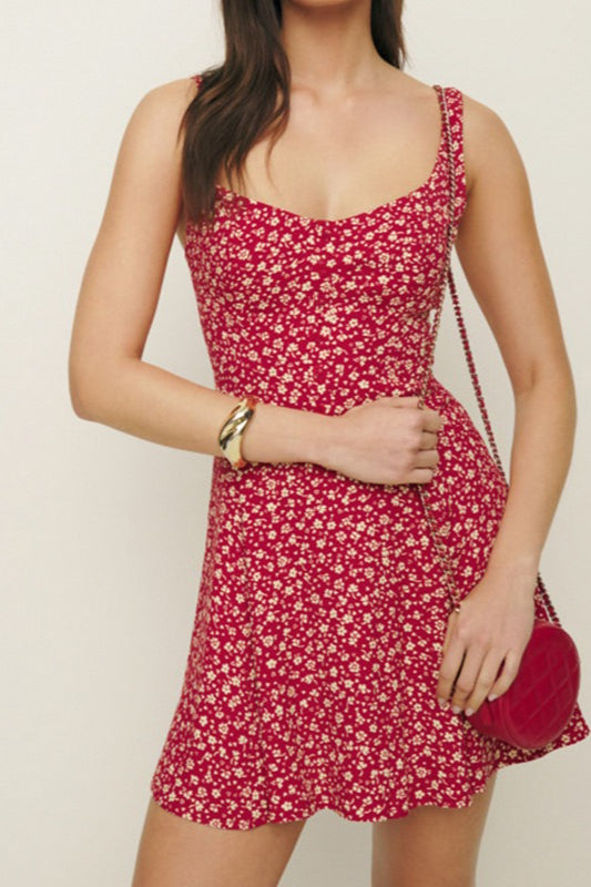 Floral Scoop Neck Tank Strap Fit and Flare Mini Dress