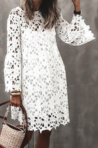 Floral Crochet Lace Bell Sleeve Scalloped Hem Mini Dress