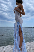 Blue Sequin Sheer Ruffle Maxi Dress