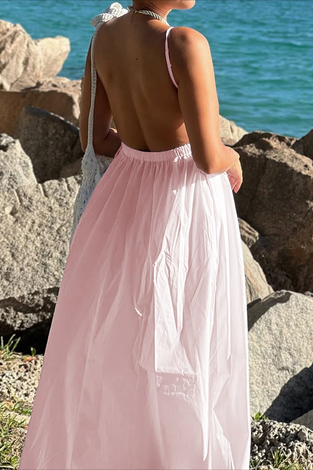 Spaghetti Strap Deep V Neck Empire Waist Flowy Maxi Dress