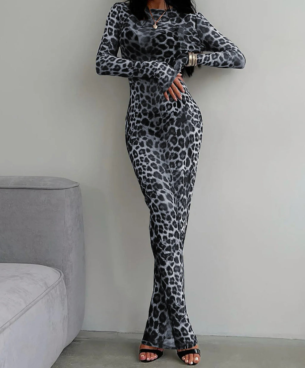 Print Mock Neck Long Sleeve Bodycon Maxi Dress