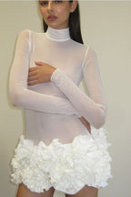 Mesh Long Sleeve Turtleneck Ruffled Tier Mini Skirt Two Piece Set