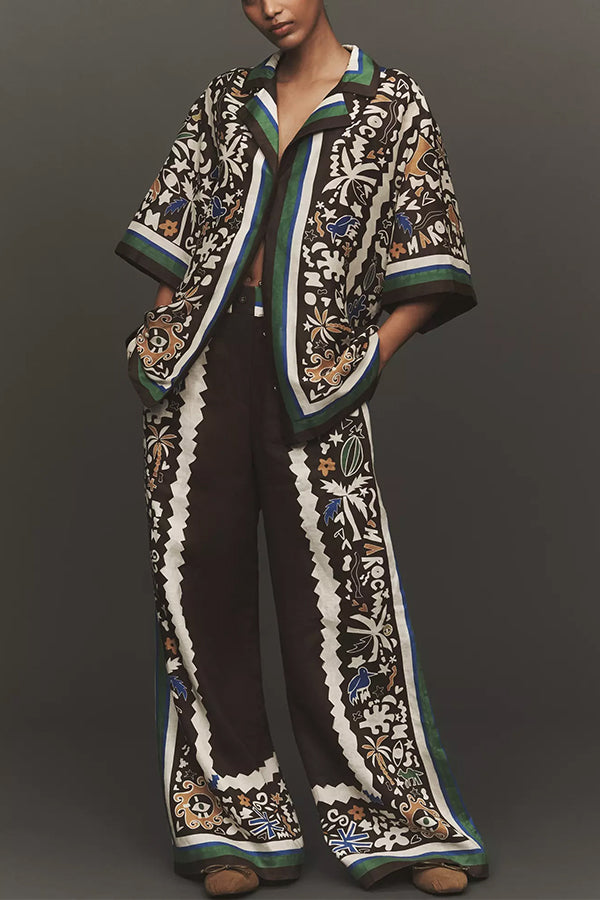 Antibes Satin Court Unique Printed Long Sleeve Loose Shirt and Elastic Waist Pants Set