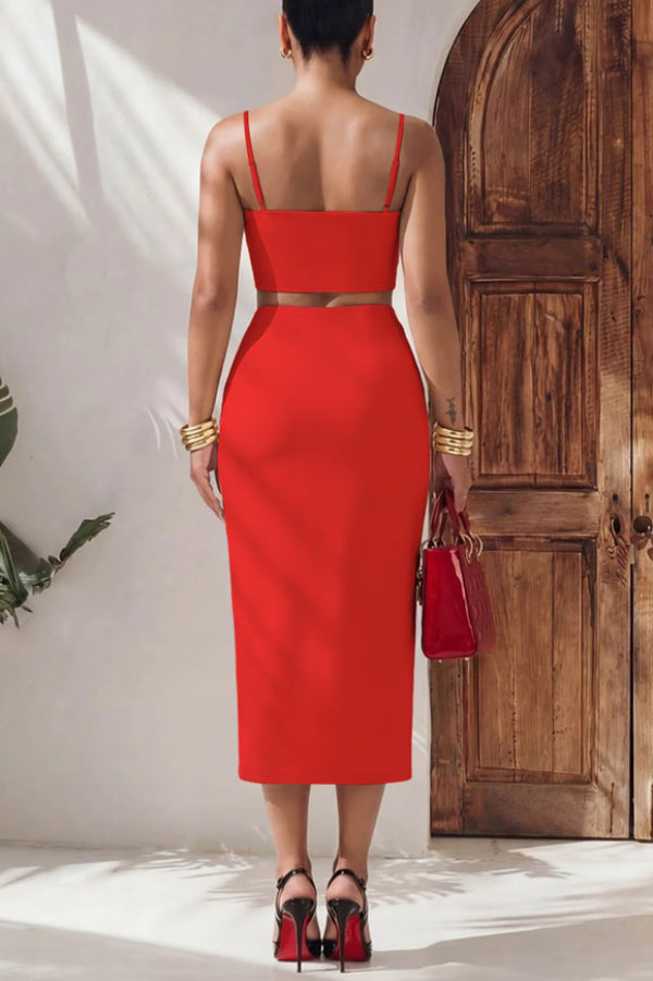 Stylish Spaghetti Strap Cropped Fitted Top and Elegant Asymmetrical Midi Skirt Set