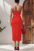 Stylish Spaghetti Strap Cropped Fitted Top and Elegant Asymmetrical Midi Skirt Set