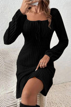 Blue Zone Planet | Ribbed Tied Square Neck Long Sleeve Mini Dress