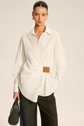 Faux Leather Panel Ruched Collared Slim Versatile Blouse