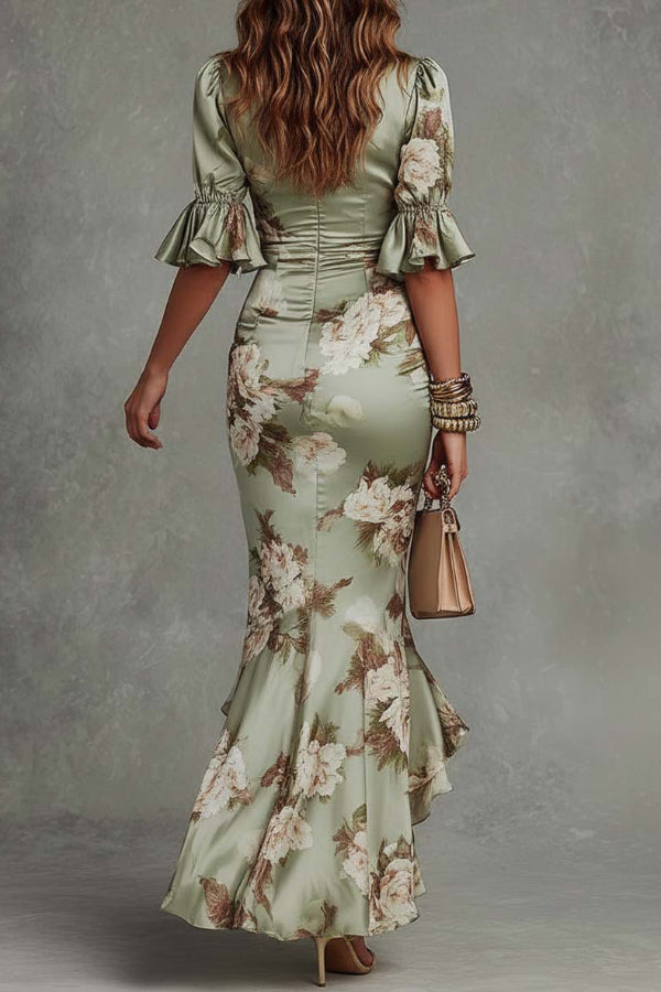 Floral Print V-neck Ruffled Short-sleeved Fitted Waist Pleated Maxi Dress