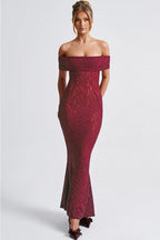 Floral Lace Off Shoulder Foldover Cuff Mermaid Maxi Dress