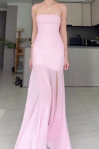 Strapless Sheer Mesh Overlay Bodycon Illusion Maxi Dress