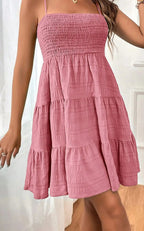 Smocked Square Neck Spaghetti Strap Tiered Ruffle Hem Mini Dress