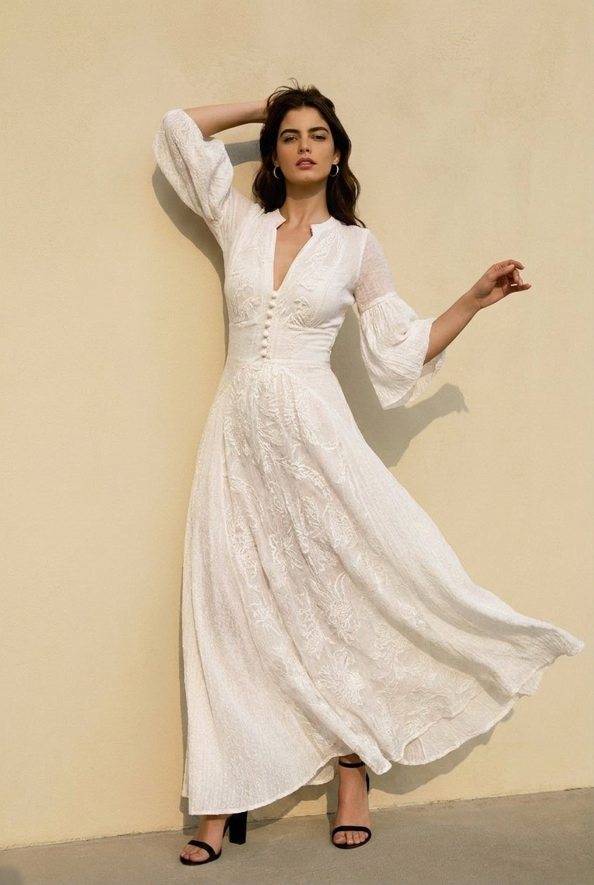 Embroidered Floral Eyelet V-Neck Button Front Bell Sleeve Maxi Dress