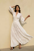 Embroidered Floral Eyelet V-Neck Button Front Bell Sleeve Maxi Dress