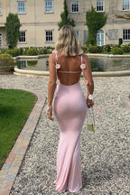 3D Floral Rosette Strap Backless Mermaid Bodycon Maxi Mini Dress