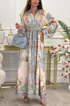 Floral Baroque Print Mandarin Collar Puff Sleeve Button Front Wrap Waist Maxi Dress