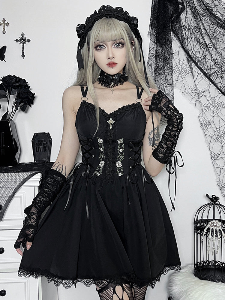 Embroidery Lace Up Corset Lace Trim Spaghetti Strap Mini Dress