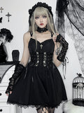 Embroidery Lace Up Corset Lace Trim Spaghetti Strap Mini Dress