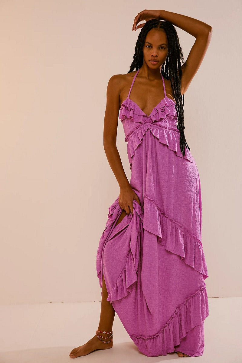V-Neck Ruffled Spaghetti Strap Tiered Crinkle Texture Summer Maxi Dress