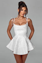 Jacquard Floral Bow Strap Cowl Neck Fit and Flare Mini Dress