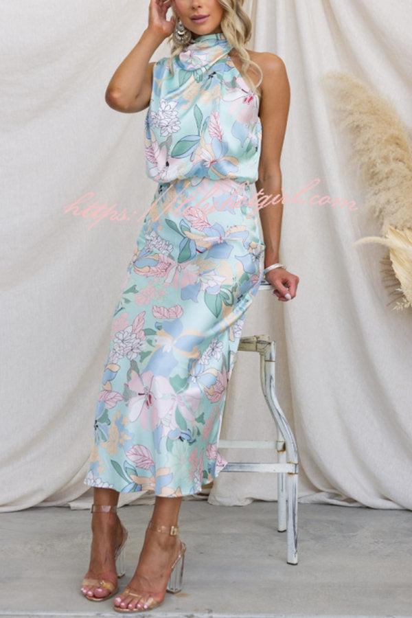 Floral Print Halter Neck Cowl Draped Elastic Waist Blouson Midi Dress