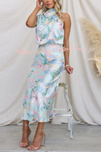 Floral Print Halter Neck Cowl Draped Elastic Waist Blouson Midi Dress