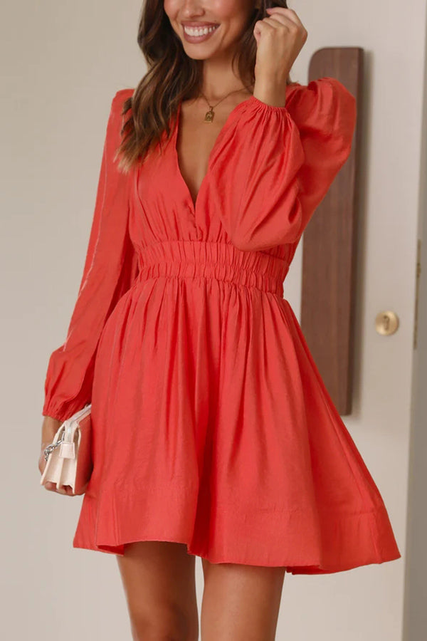 Deep V-Neck Puff Sleeve Smocked Waist Fit and Flare Mini Dress