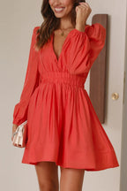 Deep V-Neck Puff Sleeve Smocked Waist Fit and Flare Mini Dress