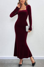 Velvet Square Neck Puff Shoulder Mermaid Hem Maxi Dress