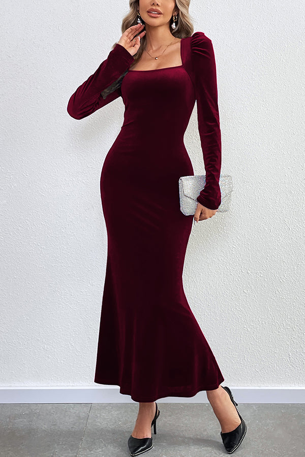 Velvet Square Neck Puff Shoulder Mermaid Hem Maxi Dress
