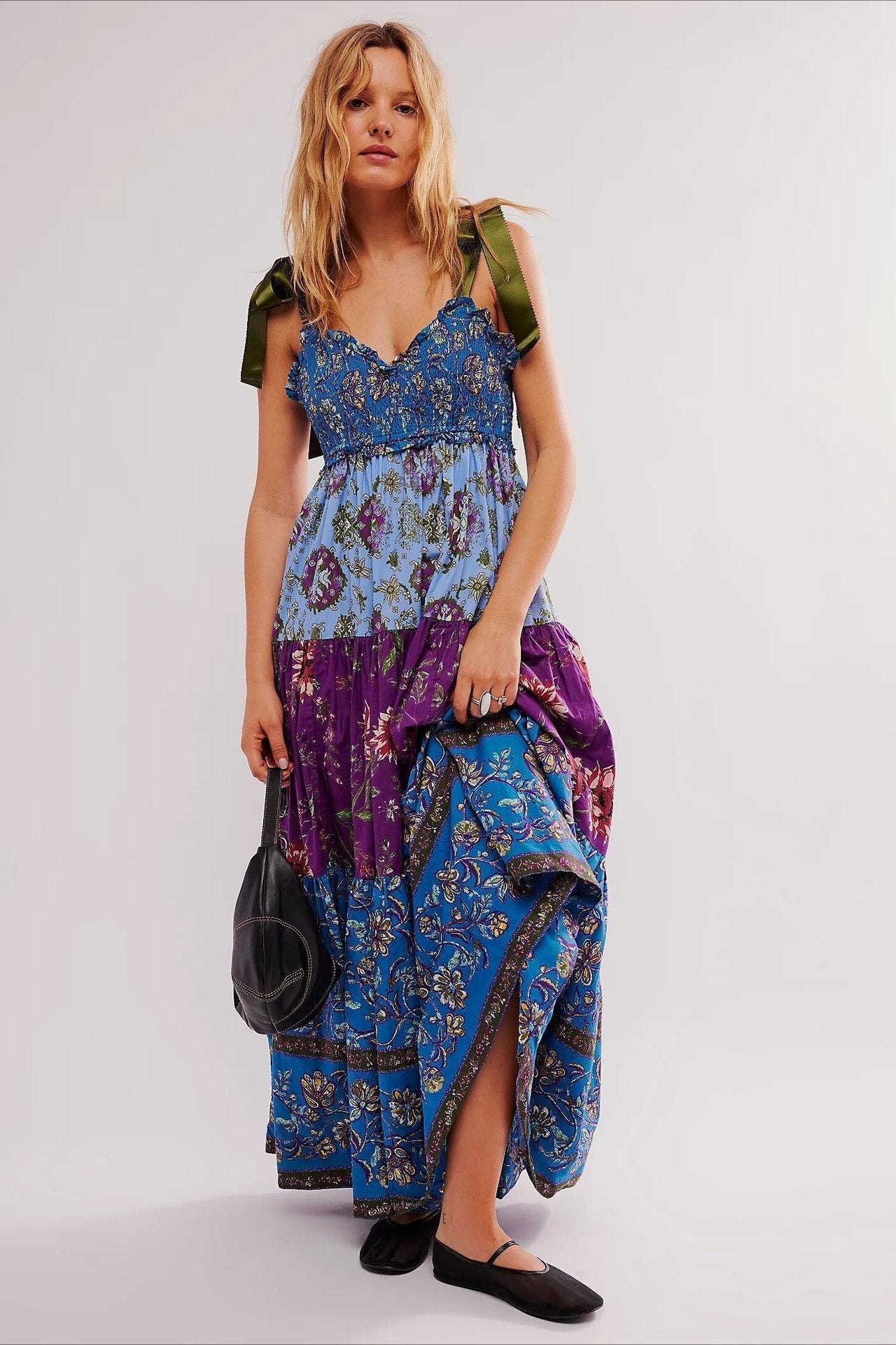 Smocked V Neck Bow Shoulder Strap Mixed Floral Tiered Maxi Dress