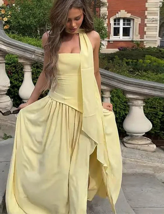 Strapless Structured Bodice Neck Scarf Tie Pleated Asymmetric Hem Maxi Dress