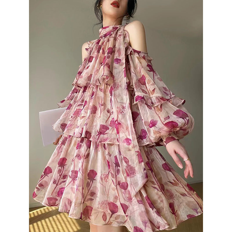 Floral Print Cold Shoulder Mock Neck Tie Bow Lantern Sleeve Mini Dress