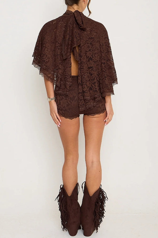 Stylish Openwork Lace Loose Top and Side Zipper Slim-fit Shorts Set