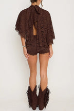Stylish Openwork Lace Loose Top and Side Zipper Slim-fit Shorts Set