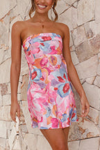 Strapless Foldover Neck Abstract Floral Print Satin Mini Dress