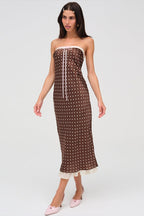 Polka Dot Strapless Lace Trim Bow Tie Satin Bodycon Maxi Dress