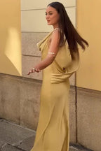 Satin Cowl Neck Wide Strap Sleeveless Bias Cut Maxi Gown