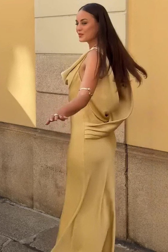 Satin Cowl Neck Wide Strap Sleeveless Bias Cut Maxi Gown