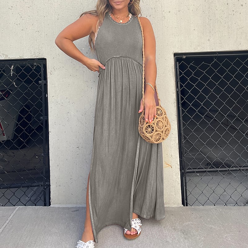 Crew Neck Tiered Seam Double Front Slit Sleeveless Maxi Dress