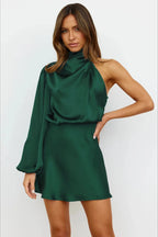Satin One Shoulder Cowl Neck Bishop Sleeve A-Line Mini Dress