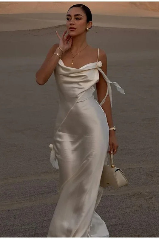 Spaghetti Strap Cowl Neck Bow Tie Detail Satin Maxi Dress