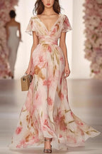Floral Print V-neck Short-sleeved Waist Casual Maxi Dress