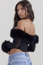 Fuzzy Off Shoulder Mesh Long Sleeve Asymmetrical Crop Top